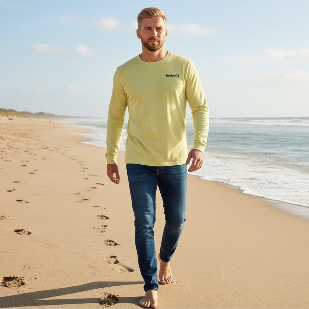 Hurley Pineapple Graphic Long Sleeve Tee Shirt Men’s Large Yellow